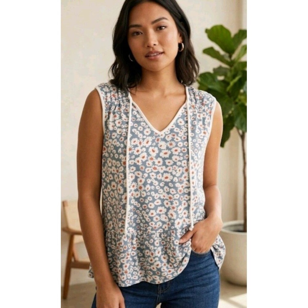 CASUAL COUTURE XL BLOUSE FLORAL V NECK SLEEVELESS TIE COTTON